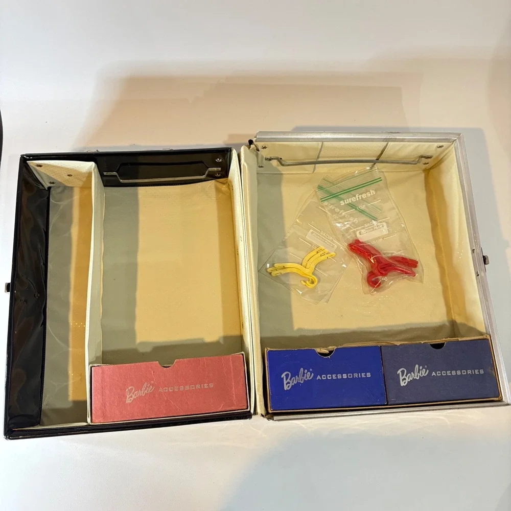 Vintage 1961 Barbie Ponytail Doll Trunk Case Mattel Black Vinyl Accessory Boxes